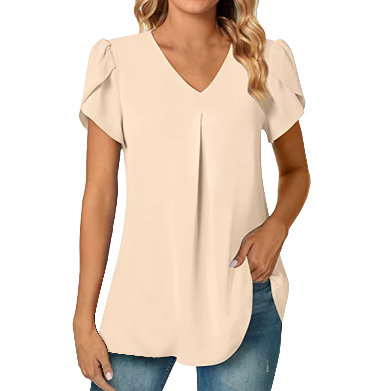 thumbnail image 2 of 2025 Top túnica de manga corta con cuello en V de gasa para mujer, ideal para leggings - Mezcla ligera de rayón, tallas S-XXL, 2 of 6
